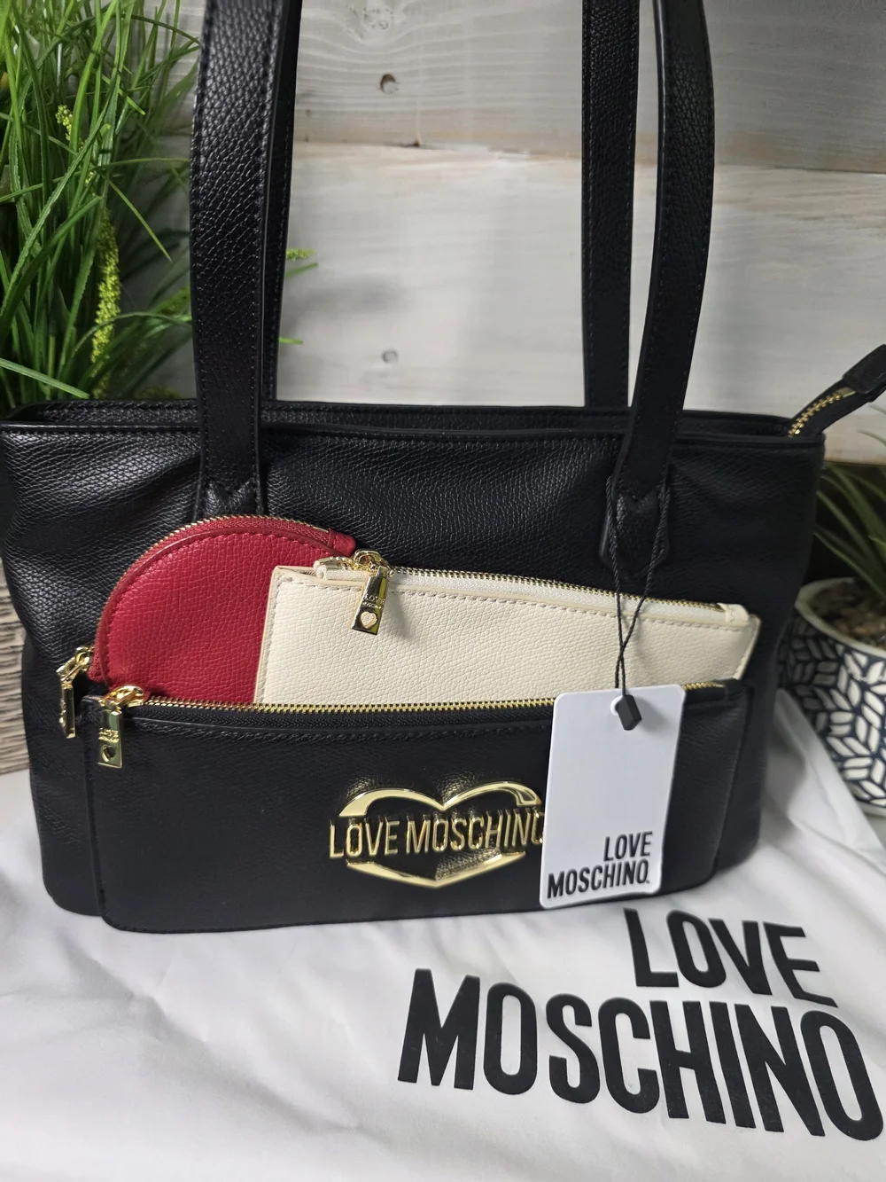 Love Moschino Black Tote with Cream & Red Pouches Includes Dust BAG - Picture 1 of 11